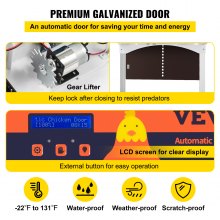 VEVOR Puerta automática de gallinero marrón, cierre automático, elevador de engranajes, puerta galvanizada para aves de corral con temporizador de apertura retardada por la noche y por la mañana y sensor de luz, pantalla LCD alimentada por batería, para pato