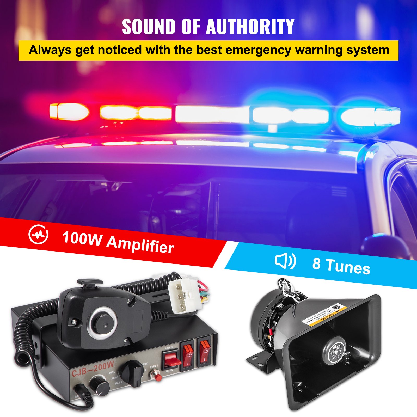 VEVOR 12V 100W Amplificador Kit de sirena de policía 8 Sonido Alarma de advertencia de automóvil Altavoz de incendio Micrófono de mano fuerte Metal Ultra Slime Octágono Compacto Altavoz plano Camión Sistema PA Advertencia Bocina de sirena de emergencia