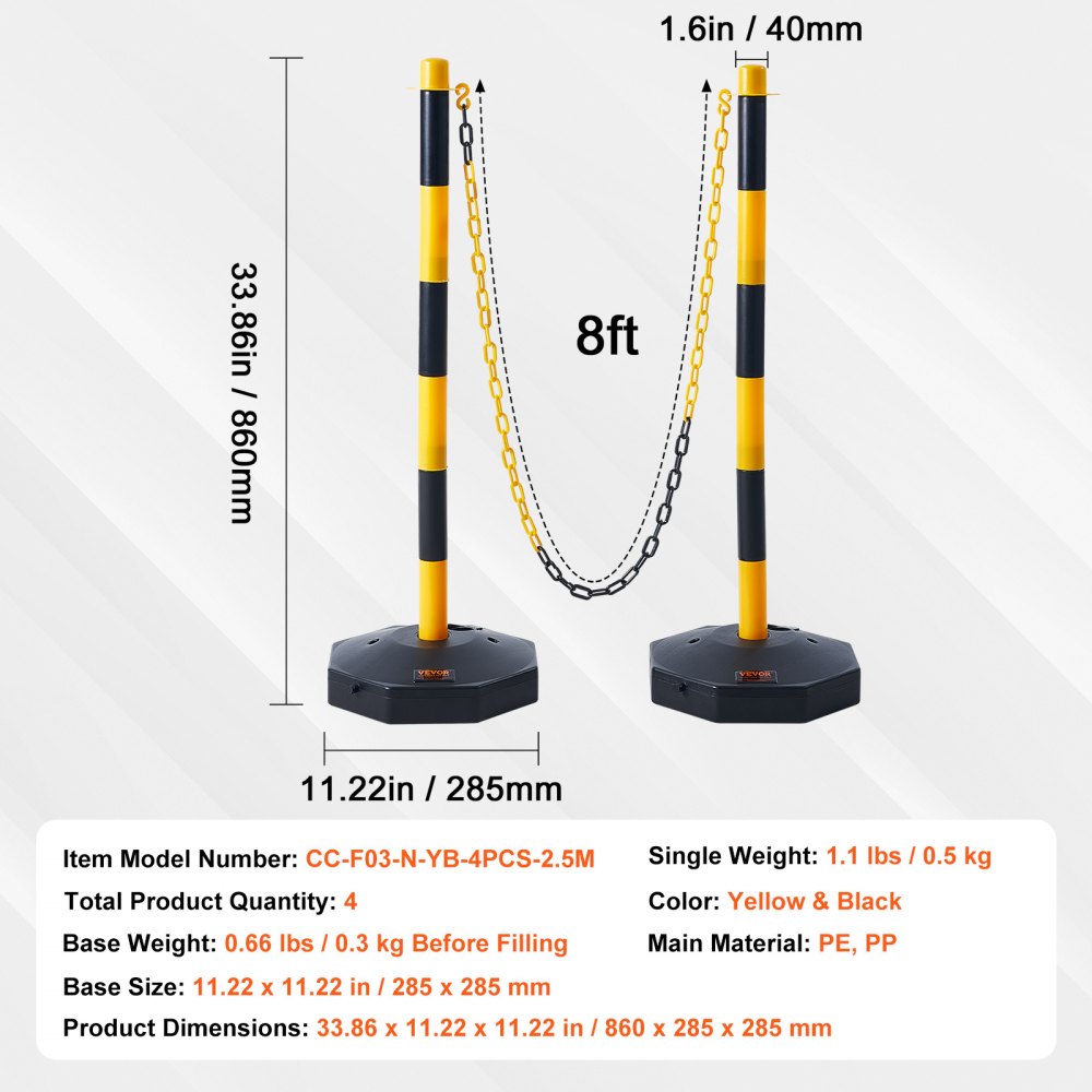VEVOR Poste de Tráfico 4 Piezas Poste Límite con Base Rellenable Cono de Tráfico de Altura Ajustable Cadena Larga 2,4 m para Control de Tráfico Sitio de Construcción Estacionamiento, Amarillo y Negro