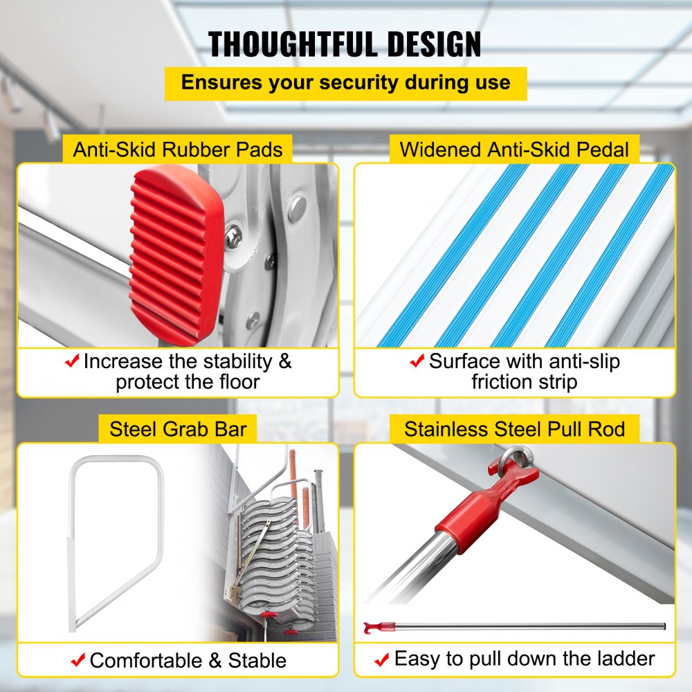 VEVOR Escalera Plegable Montada en Pared, Altura Máx 3 m Carga 300 kg Escalera Telescópica del Ático, 12 Peldaños Blanca Escalera de Ático Retráctil para Ático, Techos, Sótanos, Almacenes, Comercios