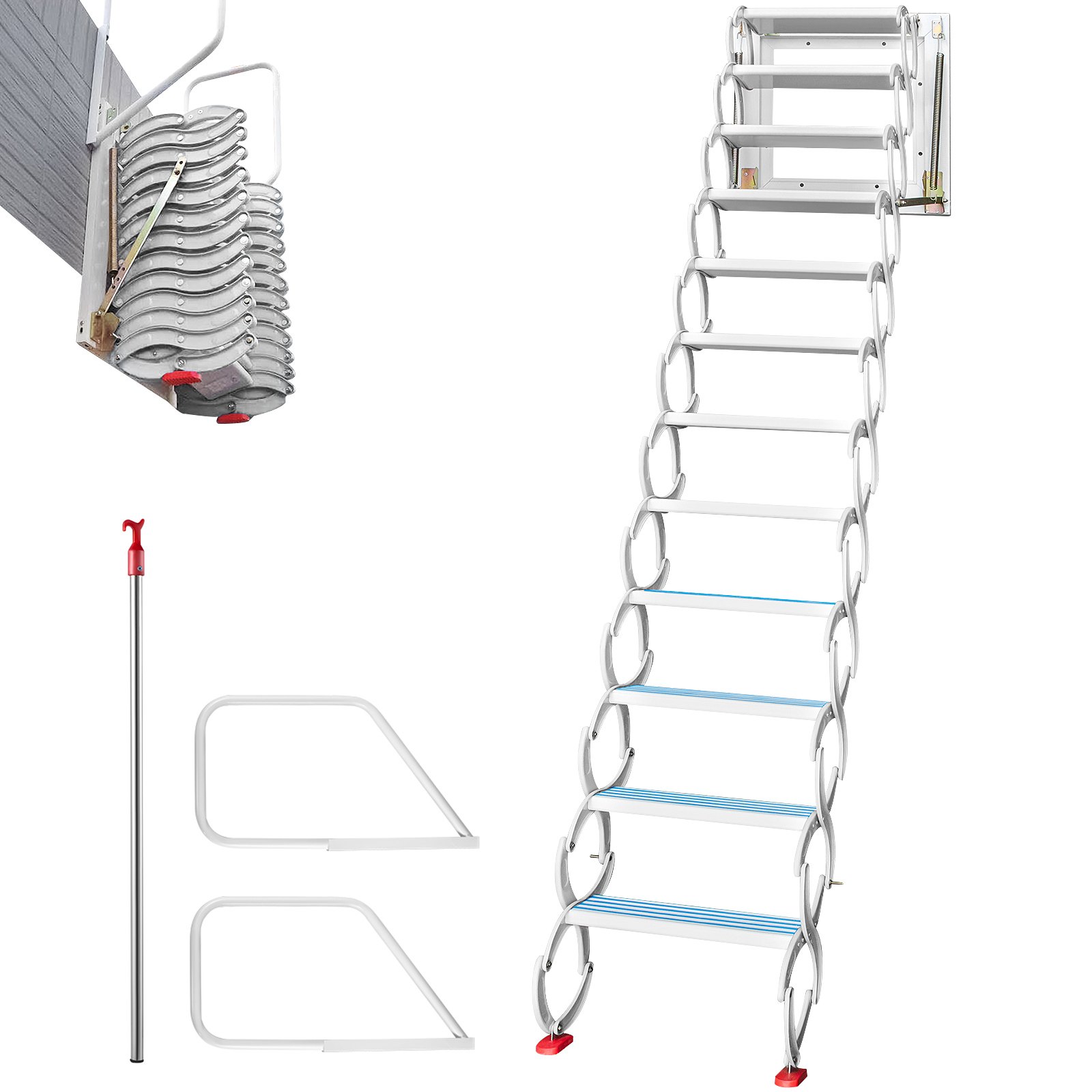 VEVOR Escalera Plegable Montada en Pared, Altura Máx 3 m Carga 300 kg Escalera Telescópica del Ático, 12 Peldaños Blanca Escalera de Ático Retráctil para Ático, Techos, Sótanos, Almacenes, Comercios