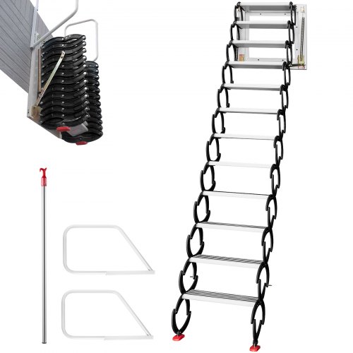 VEVOR Escalera Plegable Montada en Pared, Altura Máxima 3 m Carga 300 kg Escalera Telescópica del Ático, 12 Peldaños Negra Escalera de Ático Retráctil para Ático, Techos, Sótanos, Almacenes, Comercios