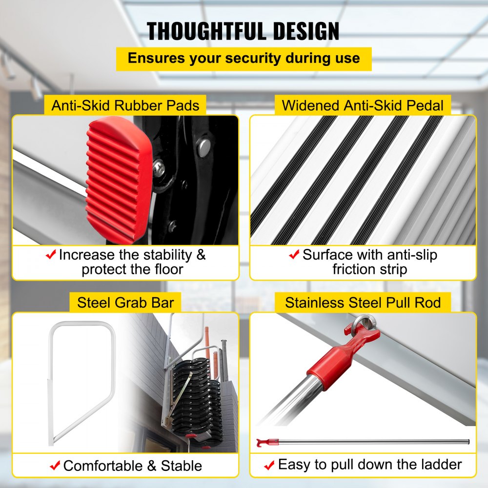 VEVOR Escalera Plegable Montada en Pared, Altura Máxima 3 m Carga 300 kg Escalera Telescópica del Ático, 12 Peldaños Negra Escalera de Ático Retráctil para Ático, Techos, Sótanos, Almacenes, Comercios