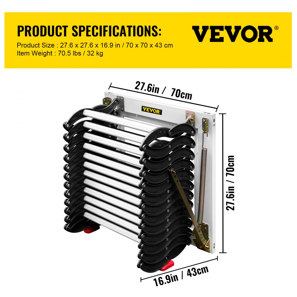 VEVOR Escalera Plegable Montada en Pared, Altura Máxima 3 m Carga 300 kg Escalera Telescópica del Ático, 12 Peldaños Negra Escalera de Ático Retráctil para Ático, Techos, Sótanos, Almacenes, Comercios