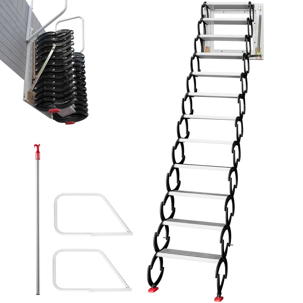VEVOR Escalera Plegable Montada en Pared, Altura Máxima 3 m Carga 300 kg Escalera Telescópica del Ático, 12 Peldaños Negra Escalera de Ático Retráctil para Ático, Techos, Sótanos, Almacenes, Comercios