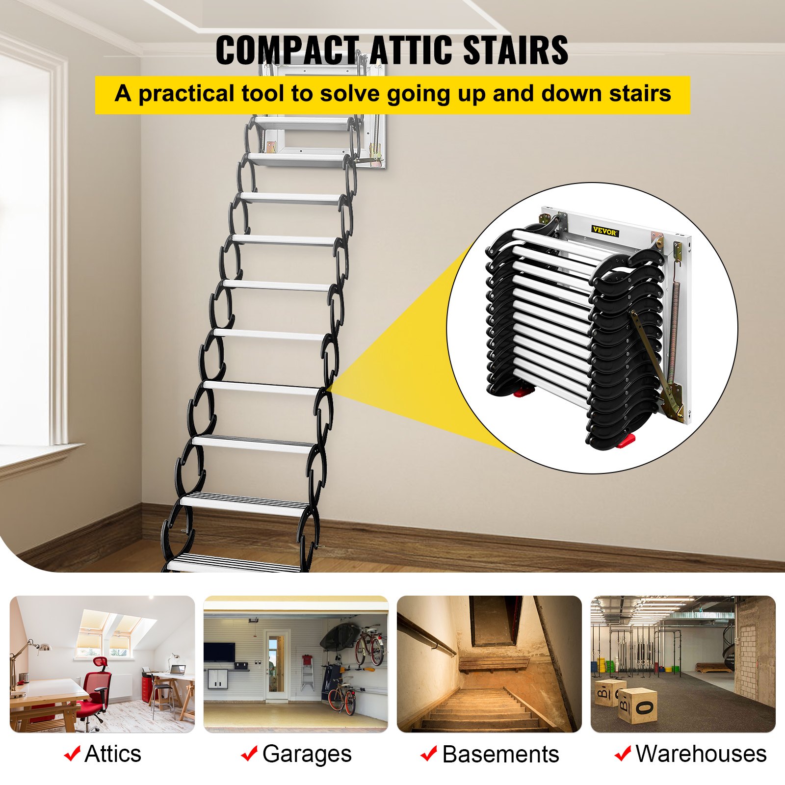 VEVOR Escalera Plegable Montada en Pared, Altura Máxima 3 m Carga 300 kg Escalera Telescópica del Ático, 12 Peldaños Negra Escalera de Ático Retráctil para Ático, Techos, Sótanos, Almacenes, Comercios