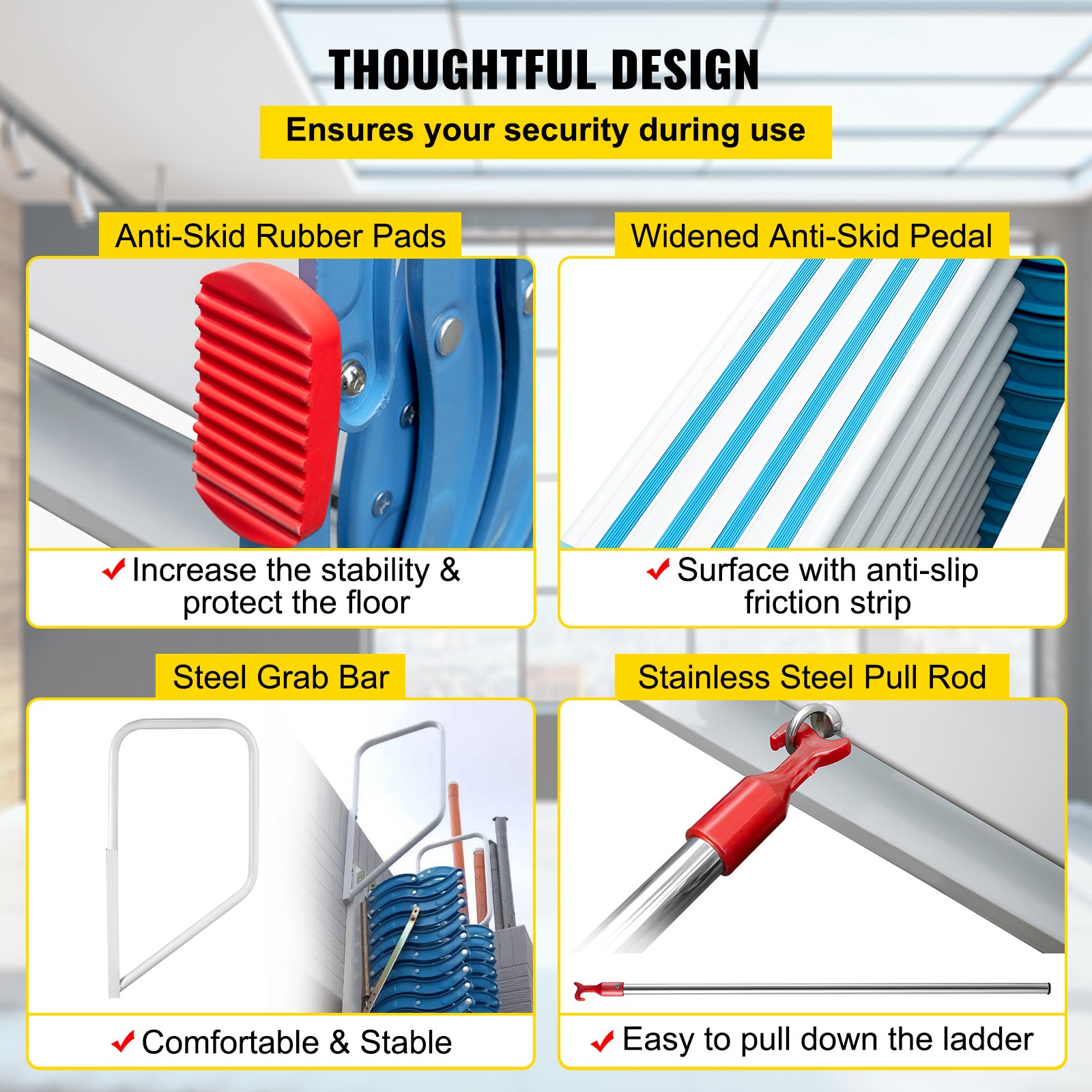 Escaleras de ático abatibles VEVOR de 12 peldaños, escalera de acceso a ático de aleación, escalera abatible azul, escalera plegable de pared para ático, escalera retráctil con reposabrazos, 3 m de altura.