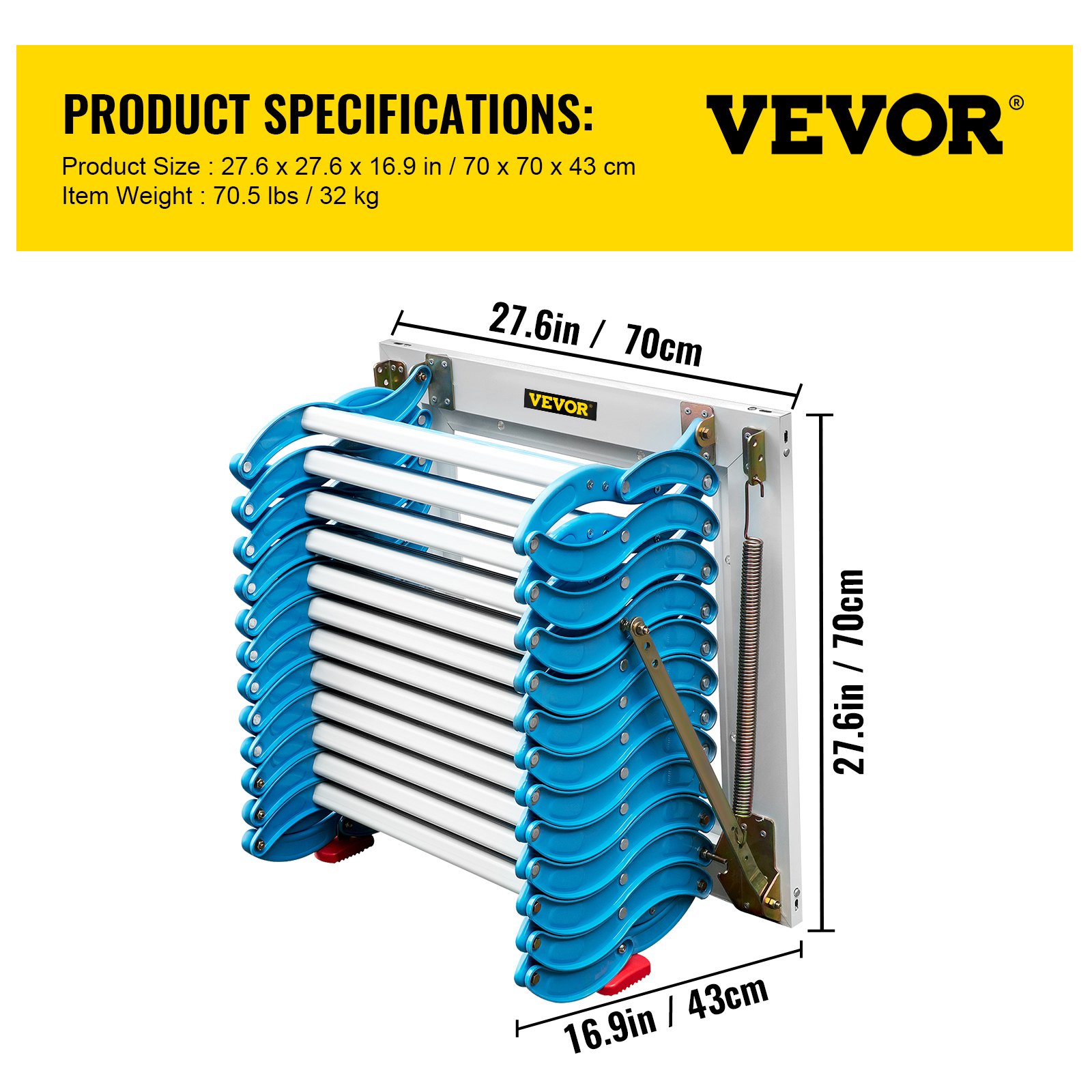 Escaleras de ático abatibles VEVOR de 12 peldaños, escalera de acceso a ático de aleación, escalera abatible azul, escalera plegable de pared para ático, escalera retráctil con reposabrazos, 3 m de altura.