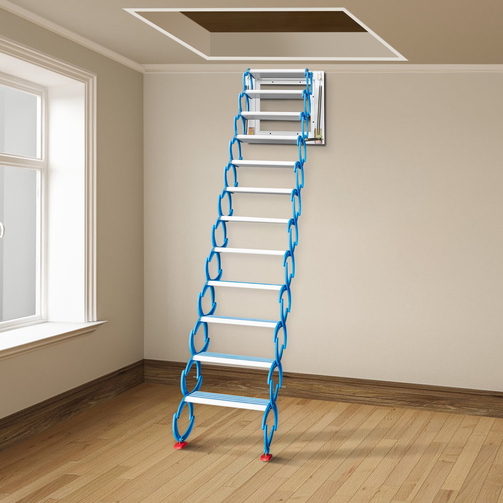 Escaleras de ático abatibles VEVOR de 12 peldaños, escalera de acceso a ático de aleación, escalera abatible azul, escalera plegable de pared para ático, escalera retráctil con reposabrazos, 3 m de altura.