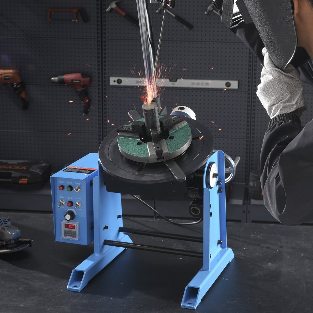 Posicionador de soldadura giratorio VEVOR de 50 kg, mesa giratoria de posicionamiento de soldadura de 0 a 90°, 0,5 a 6 RPM, 120 W, con mandril de torno de 3 mordazas de 12,4 pulgadas y soporte para soplete de soldadura para corte, rectificado, ensamblaje y pruebas.
