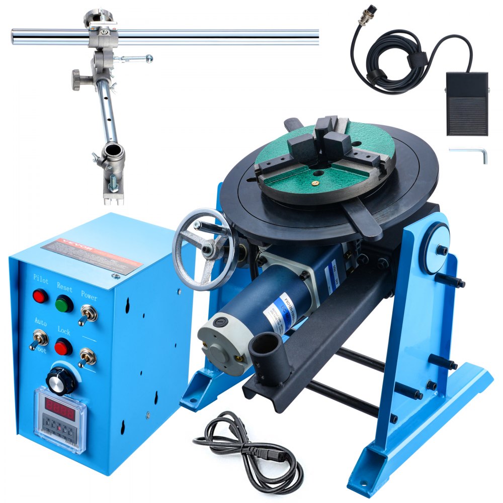 Posicionador de soldadura giratorio VEVOR de 50 kg, mesa giratoria de posicionamiento de soldadura de 0 a 90°, 0,5 a 6 RPM, 120 W, con mandril de torno de 3 mordazas de 12,4 pulgadas y soporte para soplete de soldadura para corte, rectificado, ensamblaje y pruebas.