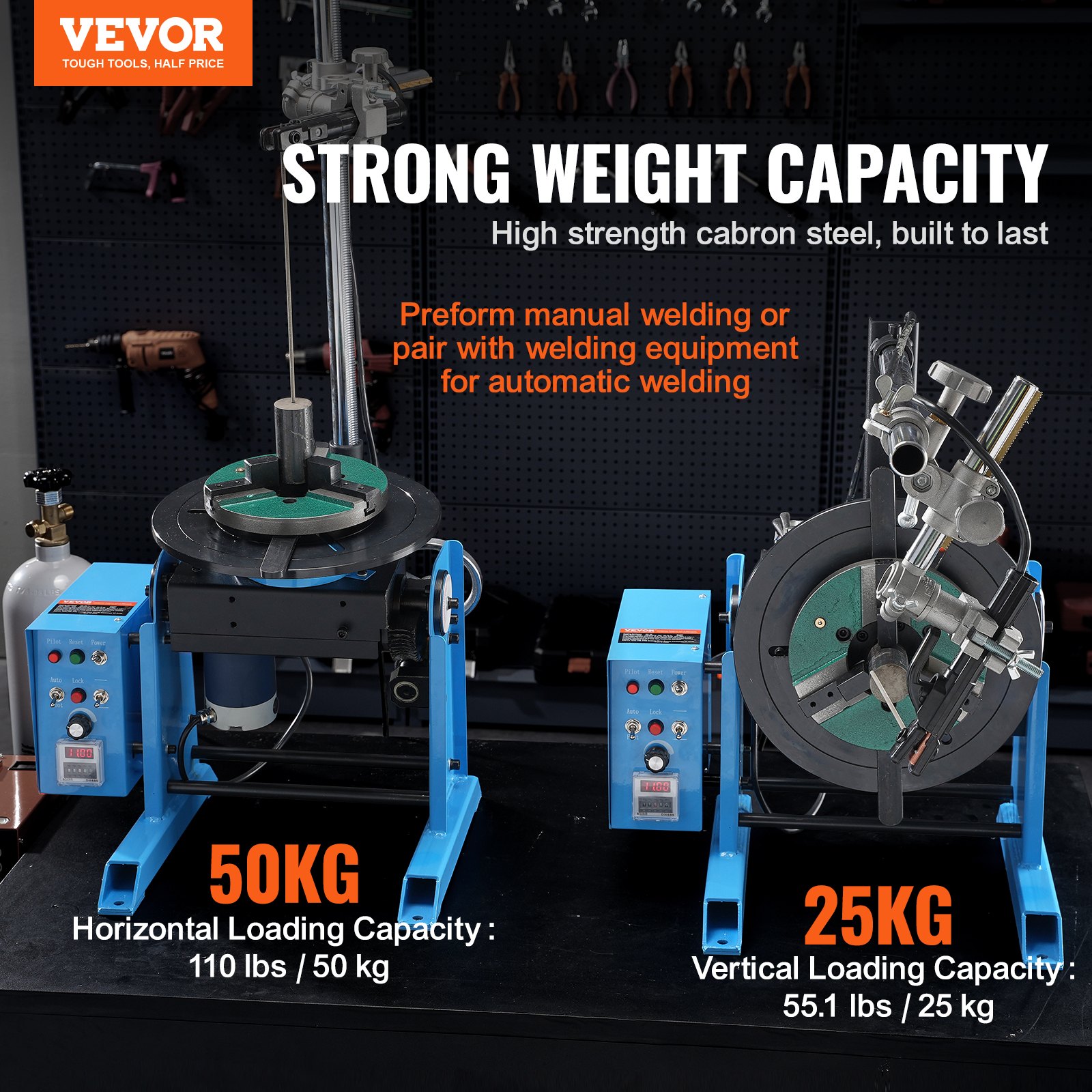 Posicionador de soldadura giratorio VEVOR de 50 kg, mesa giratoria de posicionamiento de soldadura de 0 a 90°, 0,5 a 6 RPM, 120 W, con mandril de torno de 3 mordazas de 12,4 pulgadas y soporte para soplete de soldadura para corte, rectificado, ensamblaje y pruebas.