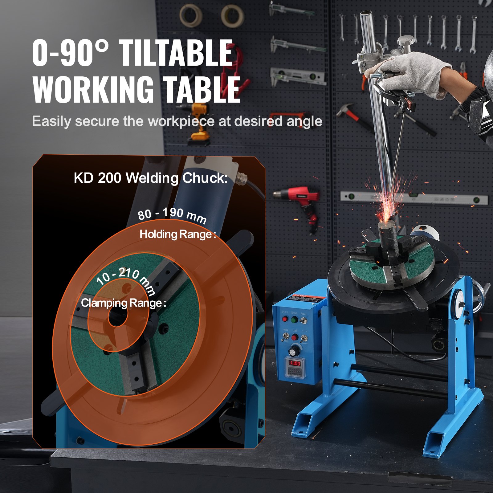 Posicionador de soldadura giratorio VEVOR de 50 kg, mesa giratoria de posicionamiento de soldadura de 0 a 90°, 0,5 a 6 RPM, 120 W, con mandril de torno de 3 mordazas de 12,4 pulgadas y soporte para soplete de soldadura para corte, rectificado, ensamblaje y pruebas.