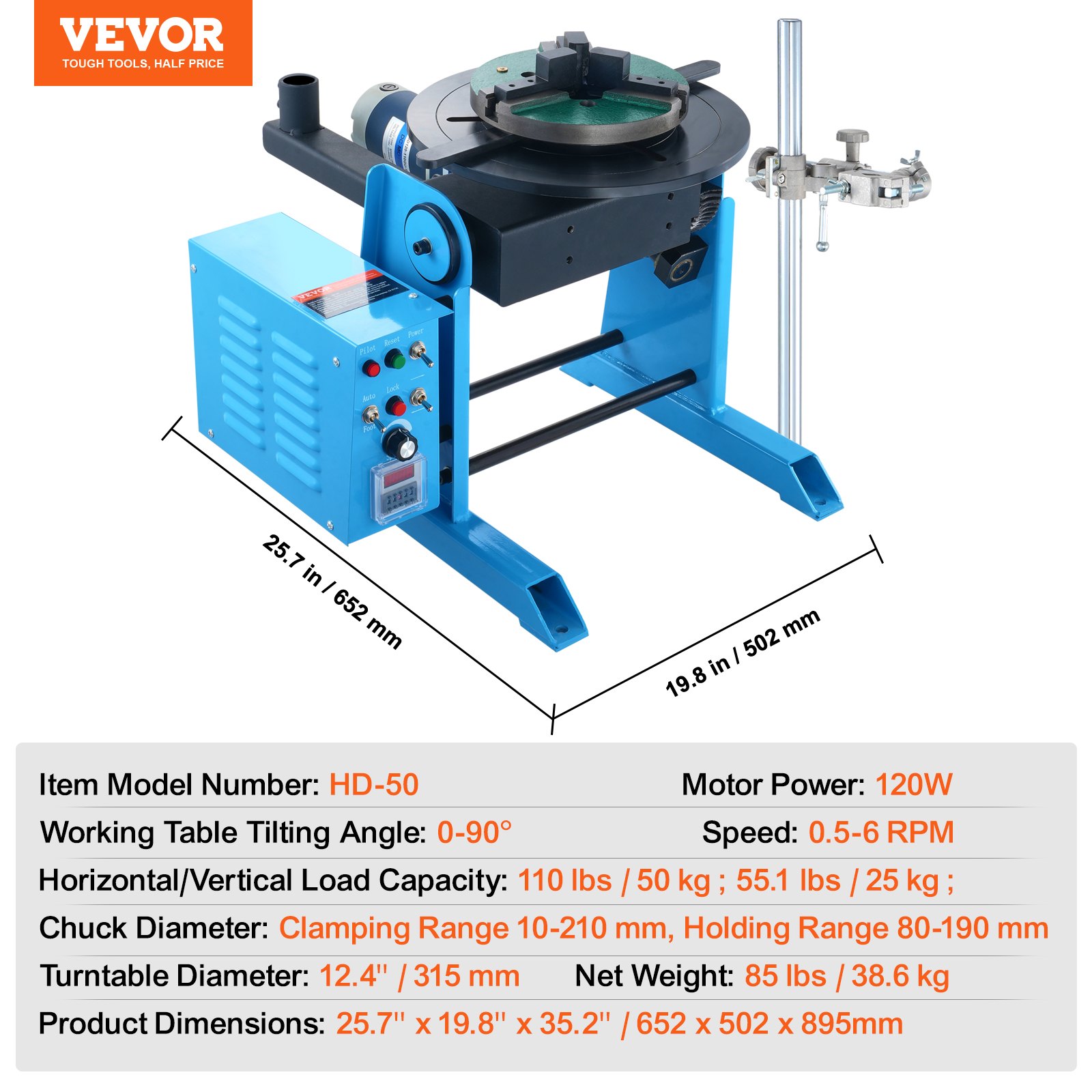 Posicionador de soldadura giratorio VEVOR de 50 kg, mesa giratoria de posicionamiento de soldadura de 0 a 90°, 0,5 a 6 RPM, 120 W, con mandril de torno de 3 mordazas de 12,4 pulgadas y soporte para soplete de soldadura para corte, rectificado, ensamblaje y pruebas.