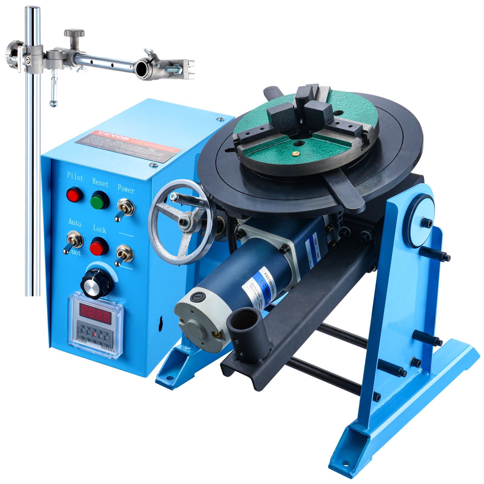 Posicionador de soldadura giratorio VEVOR de 50 kg, mesa giratoria de posicionamiento de soldadura de 0 a 90°, 0,5 a 6 RPM, 120 W, con mandril de torno de 3 mordazas de 12,4 pulgadas y soporte para soplete de soldadura para corte, rectificado, ensamblaje y pruebas.