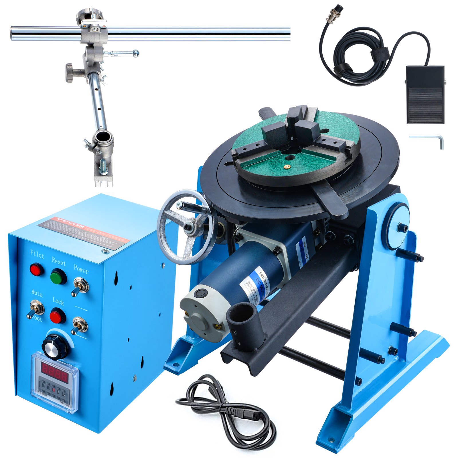 Posicionador de soldadura giratorio VEVOR de 50 kg, mesa giratoria de posicionamiento de soldadura de 0 a 90°, 0,5 a 6 RPM, 120 W, con mandril de torno de 3 mordazas de 12,4 pulgadas y soporte para soplete de soldadura para corte, rectificado, ensamblaje y pruebas.