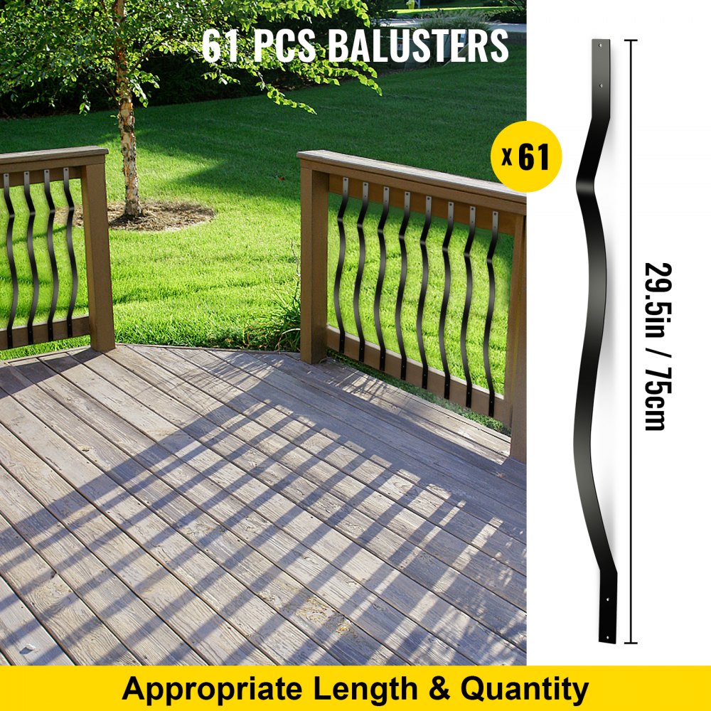 VEVOR - Barandillas de terraza (paquete de 61), balaustres metálicos de 75 x 2,5 cm con tornillos, barandilla de aleación de aluminio para terrazas de madera y composite, elegantes balaustres para escaleras, terrazas y porches exteriores.