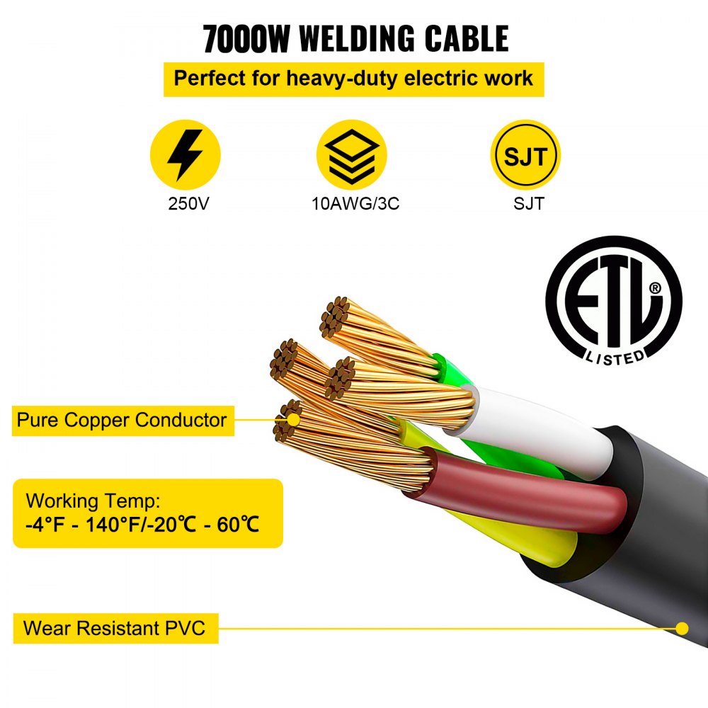 Cable de extensión para soldador VEVOR de 30 A, 7,6 m, 250 V, con enchufe NEMA 6-50, calibre 10, 3 clavijas para MIG, Lincoln, Plasma, Miller y TIG.