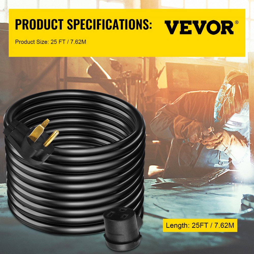 Cable de extensión para soldador VEVOR de 30 A, 7,6 m, 250 V, con enchufe NEMA 6-50, calibre 10, 3 clavijas para MIG, Lincoln, Plasma, Miller y TIG.