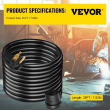 Cable de extensión para soldador VEVOR de 30 amperios, 25 pies, 250 V, cable de alimentación para soldadura con enchufe NEMA 6-50, calibre 10, 3 clavijas para MIG, Lincoln, Plasma, Miller, TIG