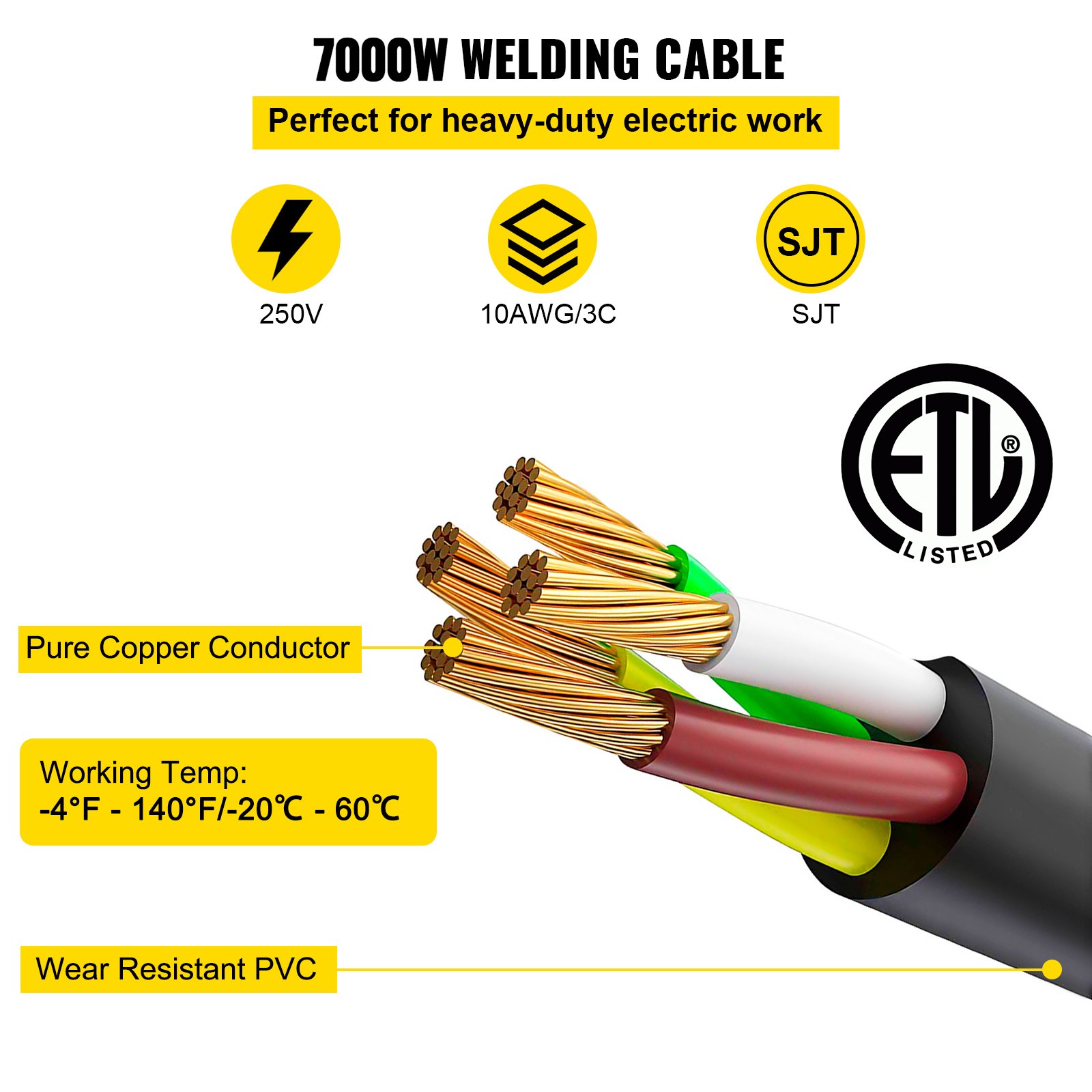 Cable de extensión para soldador VEVOR de 30 A, 7,6 m, 250 V, con enchufe NEMA 6-50, calibre 10, 3 clavijas para MIG, Lincoln, Plasma, Miller y TIG.