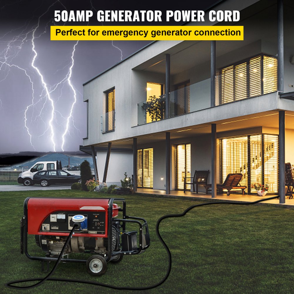 El cable de extensión VEVOR RV alimenta el generador durante la tormenta y lo conecta a una casa moderna.