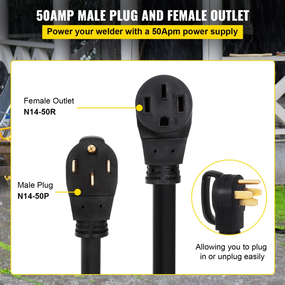 Cable de extensión VEVOR rv con enchufe macho de 50 amperios y tomacorriente hembra etiquetado.