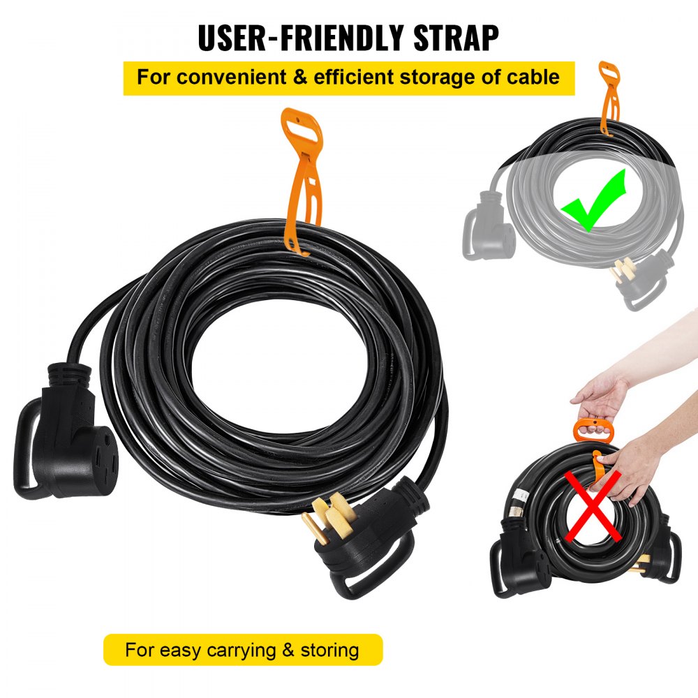 Cable de extensión VEVOR RV con correa fácil de usar para un almacenamiento eficiente del cable.