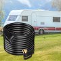 Cable de extensión VEVOR rv enrollado frente a un vehículo recreativo estacionado sobre césped verde con montañas.