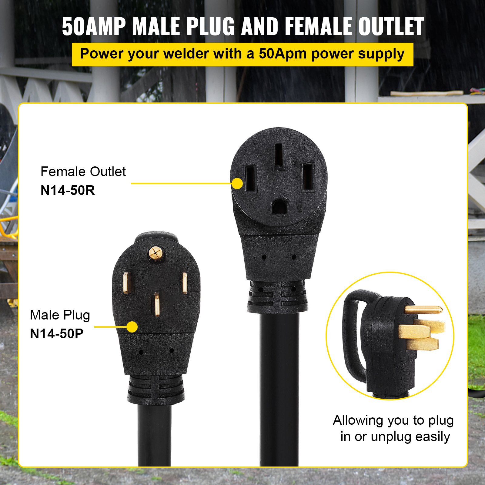 Cable de extensión VEVOR rv con enchufe macho de 50 amperios y tomacorriente hembra etiquetado.