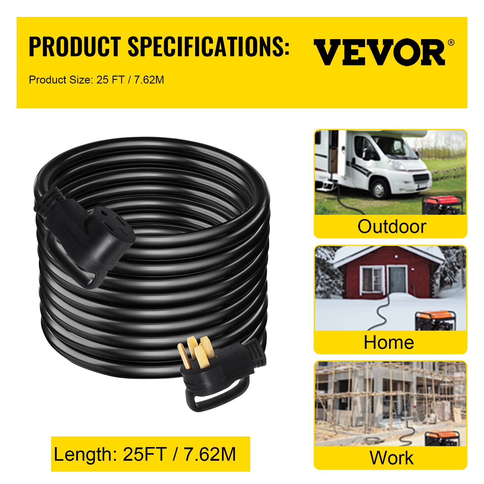 Cable de extensión para RV VEVOR, 25 pies, adecuado para aplicaciones al aire libre, en el hogar y en el trabajo