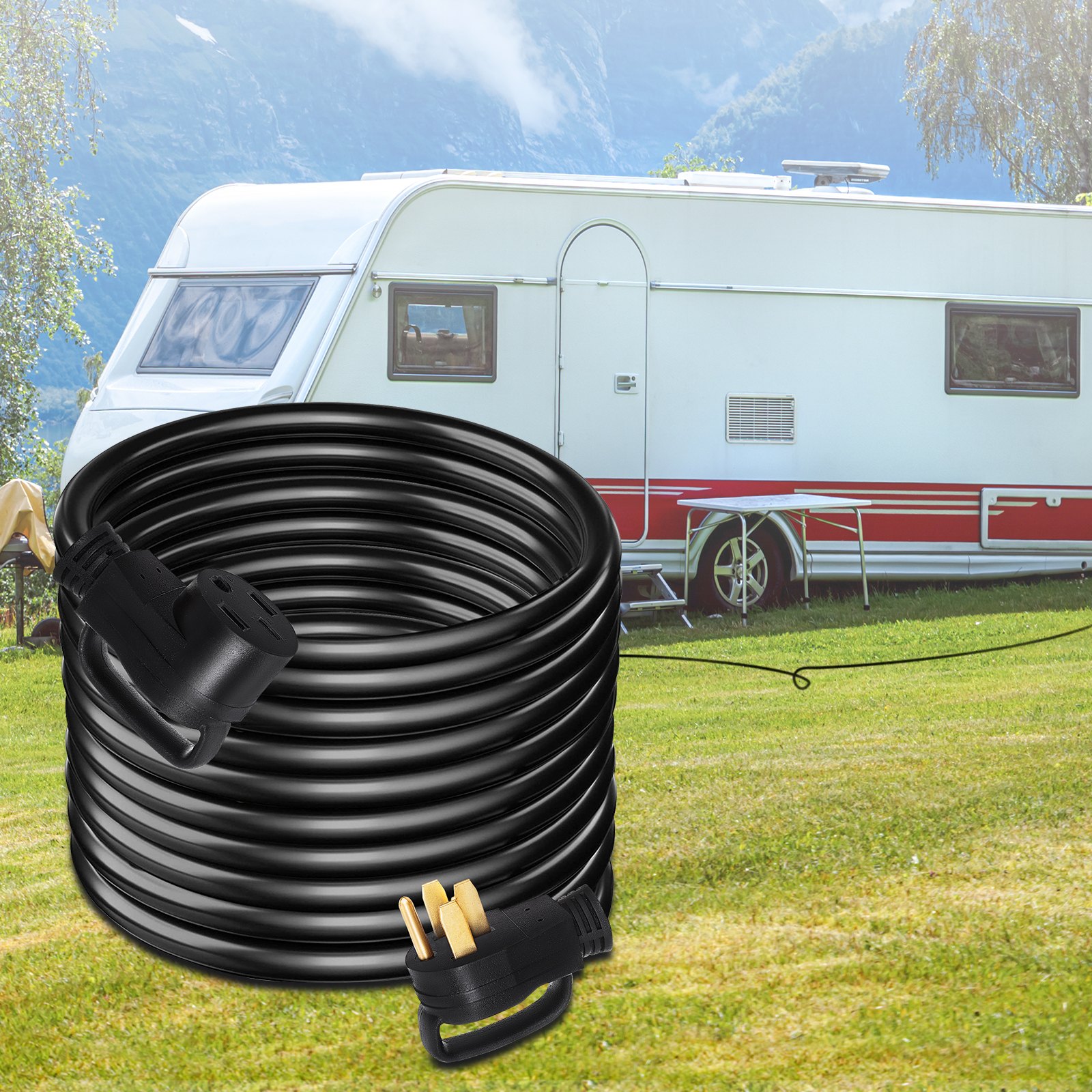 Cable de extensión VEVOR rv enrollado frente a un vehículo recreativo estacionado sobre césped verde con montañas.