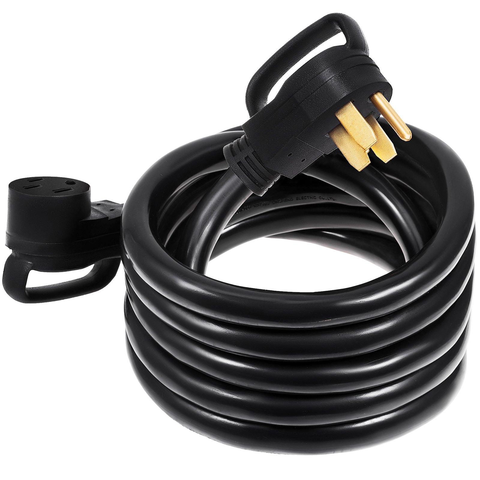 Cable de extensión VEVOR rv enrollado con conectores negros y enchufes resistentes.