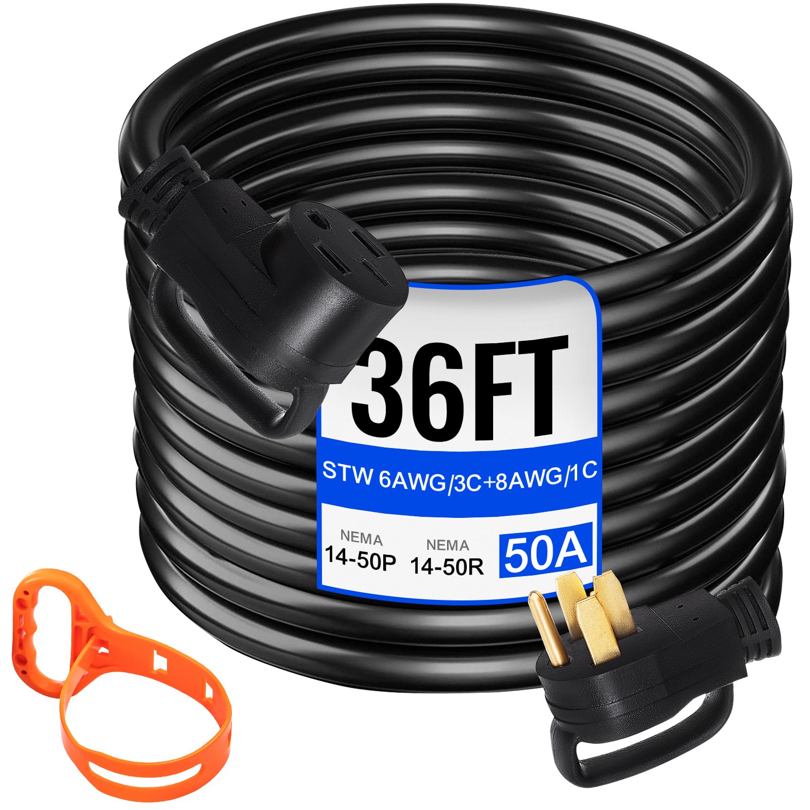 Cable de alimentación de cable de extensión para vehículos recreativos de 36 pies y 50 amperios de servicio pesado con conector moldeado y manijas 125 / 250V
