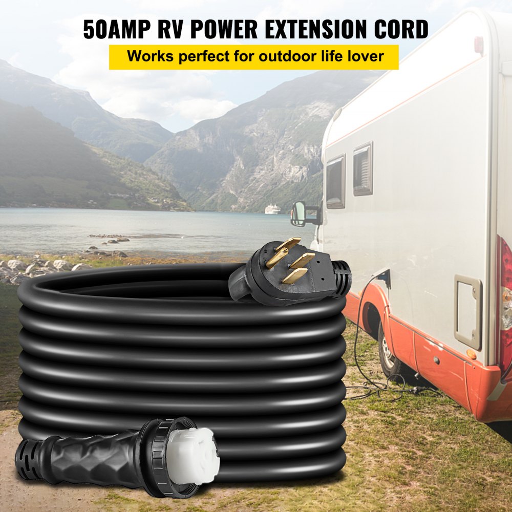 Cable de extensión de alimentación de costa para RV VEVOR enrollado cerca de un RV junto al lago.