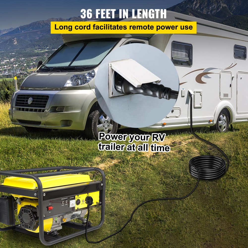Cable de extensión de alimentación de costa para RV VEVOR conectado a un RV para uso de energía remota.