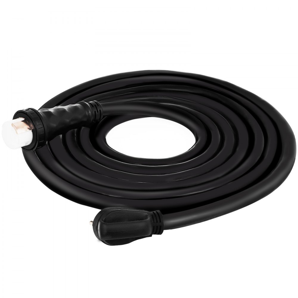 Cable de extensión de alimentación de costa para RV VEVOR negro enrollado cuidadosamente con conectores visibles.