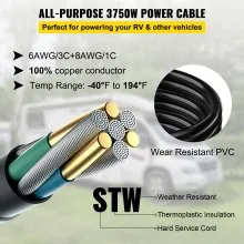 VEVOR Cable de extensión de alimentación costera para RV de 36 pies, 50 A, resistente a la intemperie, 6/3 + 8/1 STW, cable de bloqueo giratorio de 50 A, cable de repuesto para RV y aprobado por CSA con conector moldeado y mango patentado