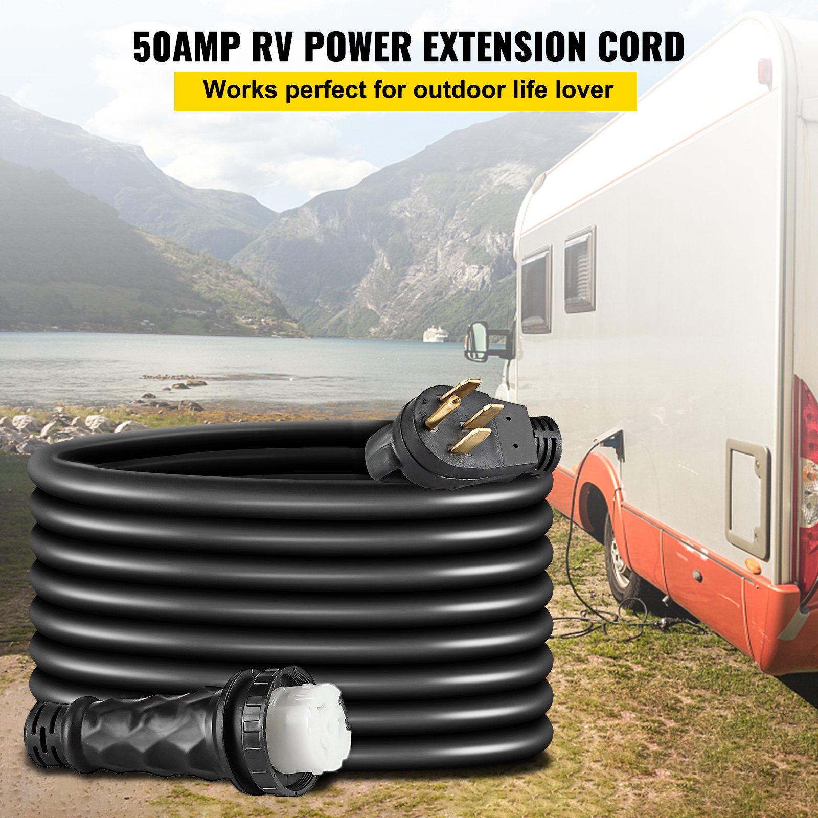 Cable de extensión de alimentación de costa para RV VEVOR enrollado cerca de un RV junto al lago.