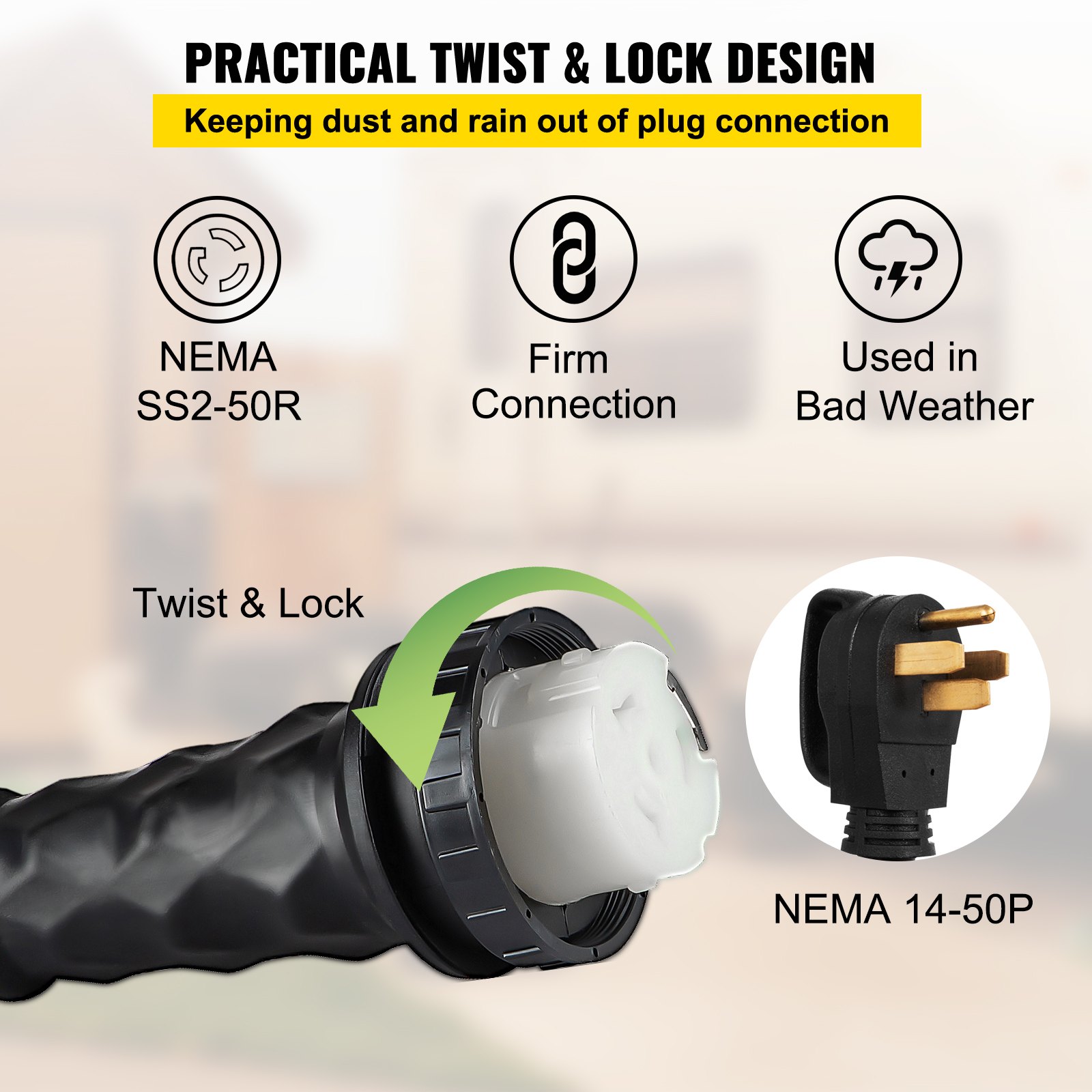 Cable de extensión de alimentación de costa VEVOR rv con giro y bloqueo, resistente a la lluvia, NEMA SS2-50R y 14-50P.