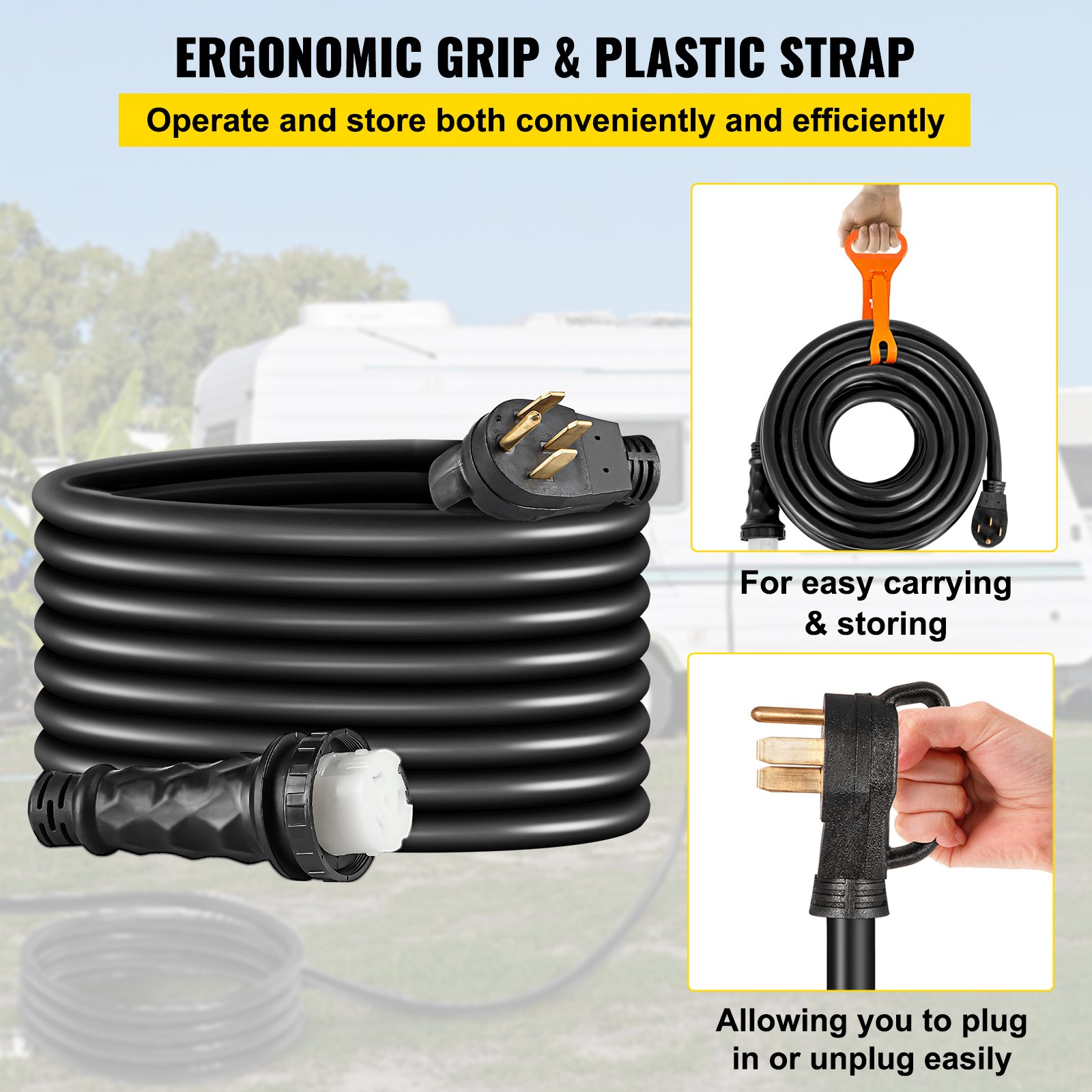 Cable de extensión de alimentación de costa para RV VEVOR con agarre ergonómico y correa de plástico.