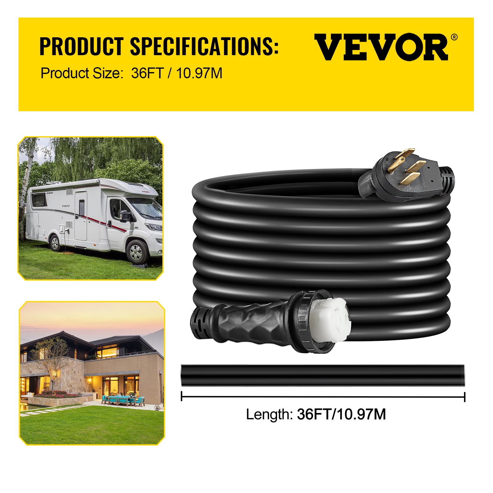 Cable de extensión de alimentación de costa para RV VEVOR, cable de 36 pies con enchufe y toma de corriente.