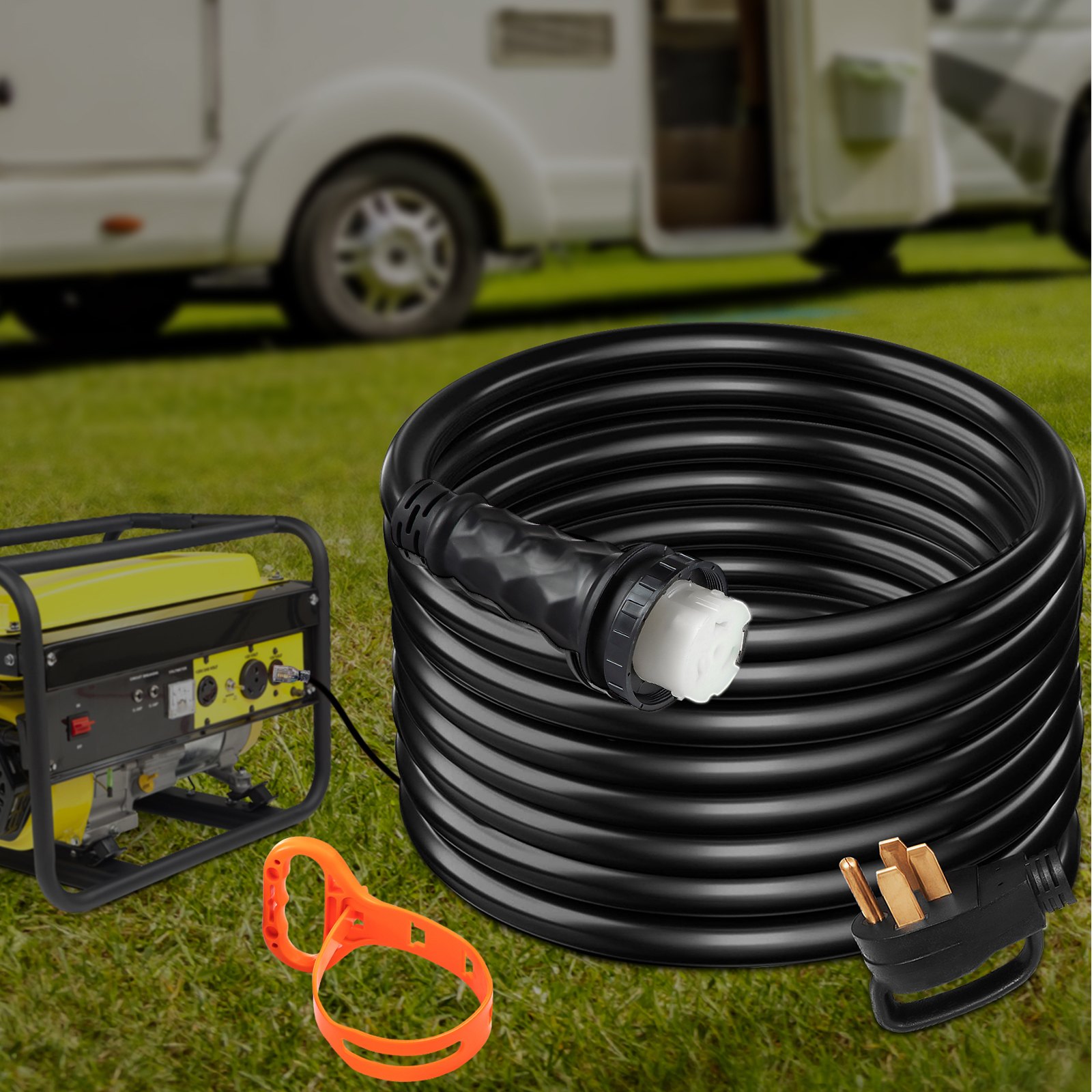 Cable de extensión de alimentación de costa para RV VEVOR junto al generador y el RV en un campo de césped.