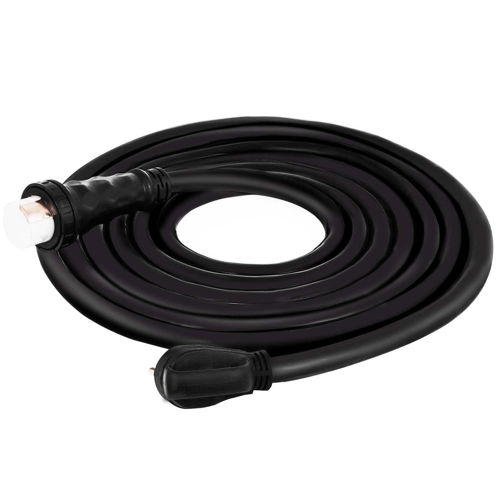 Cable de extensión de alimentación de costa para RV VEVOR negro enrollado cuidadosamente con conectores visibles.