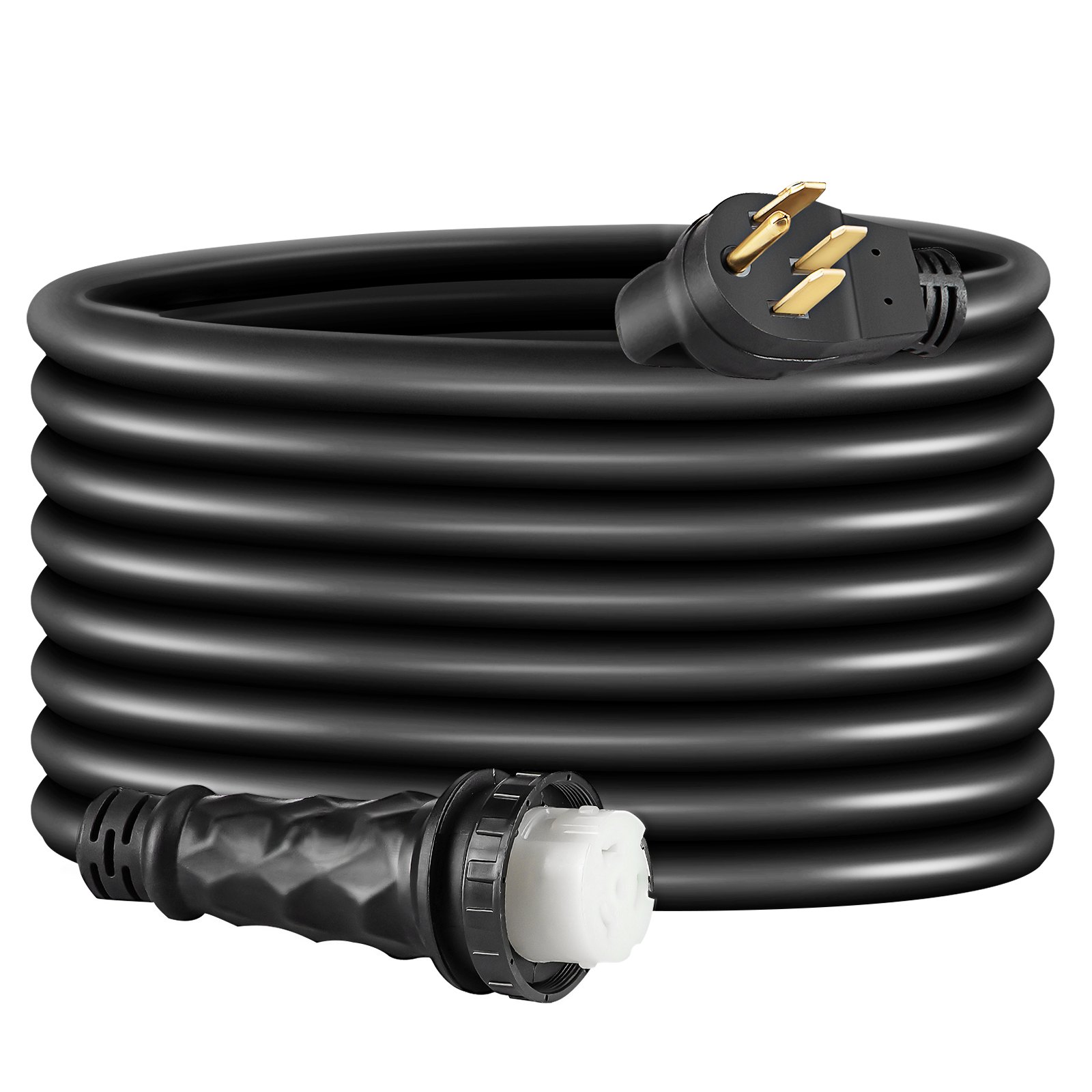 Cable de extensión de alimentación de costa para RV VEVOR negro enrollado con enchufe y conector.