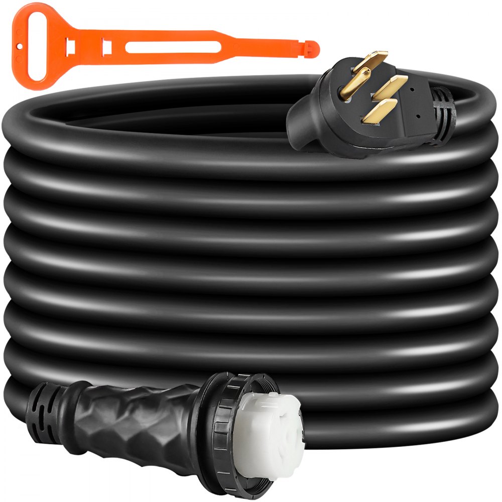 Cable de extensión para RV VEVOR de 50 pies y 50 amperios, cable de repuesto para RV de 50 amperios, cable de bloqueo giratorio de 6 AWG/3C + 8 AWG/1C con conector moldeado y manija patentada, aprobado por CSA