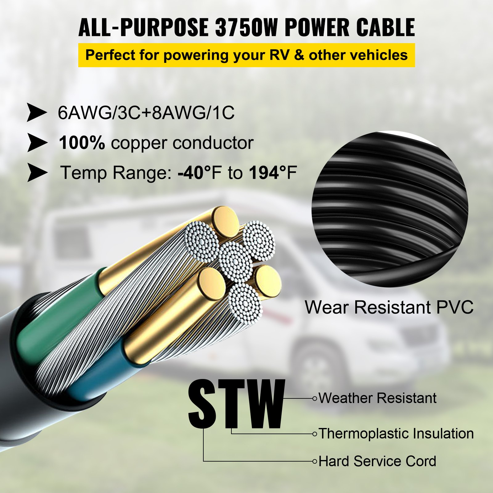 Cable de extensión para RV VEVOR de 50 pies y 50 amperios; 6 AWG/3 C + 8 AWG/1 C; cable de alimentación multiusos de 3750 W.