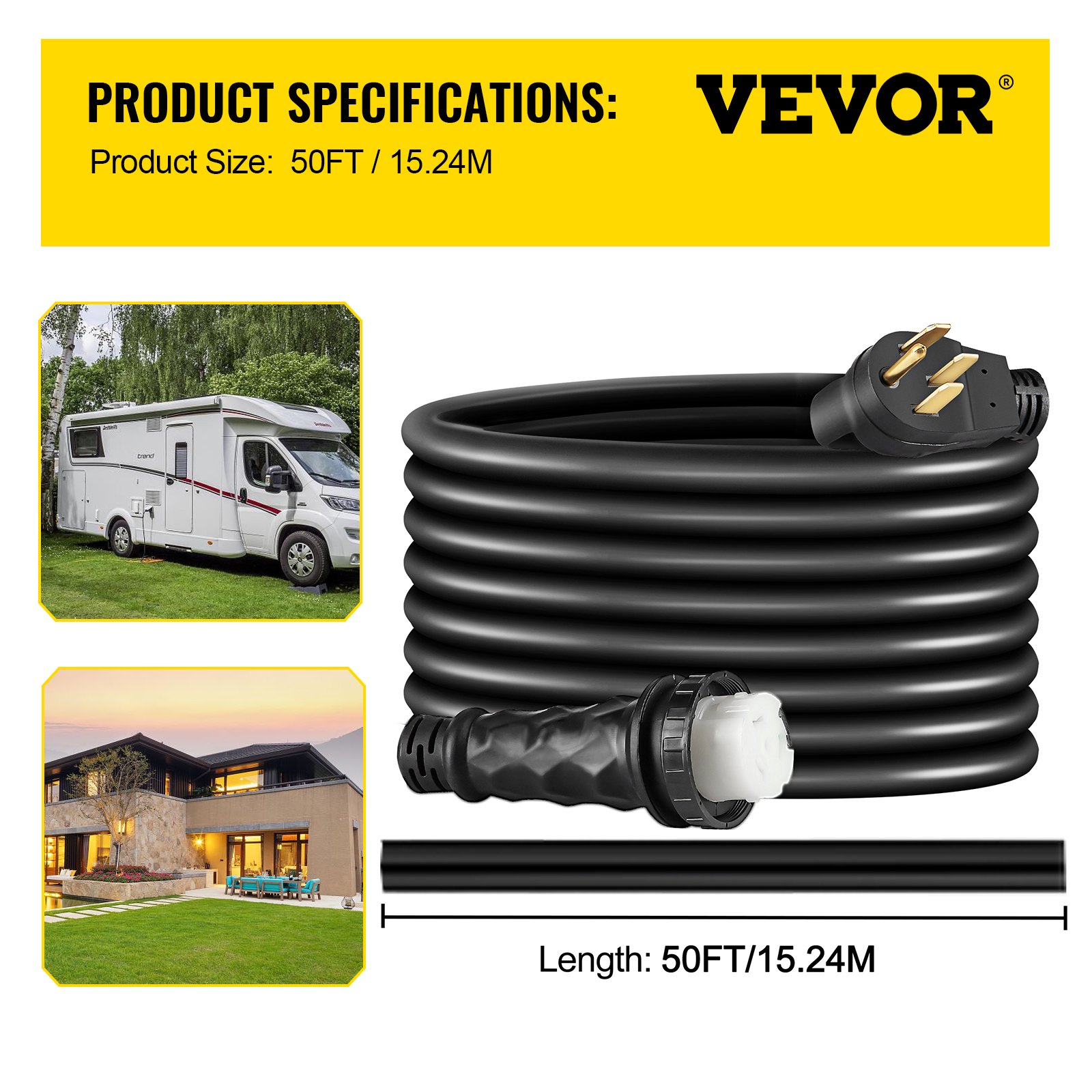 Cable de extensión para RV VEVOR de 50 pies y 50 amperios con diseño en espiral y dos extremos de conexión.