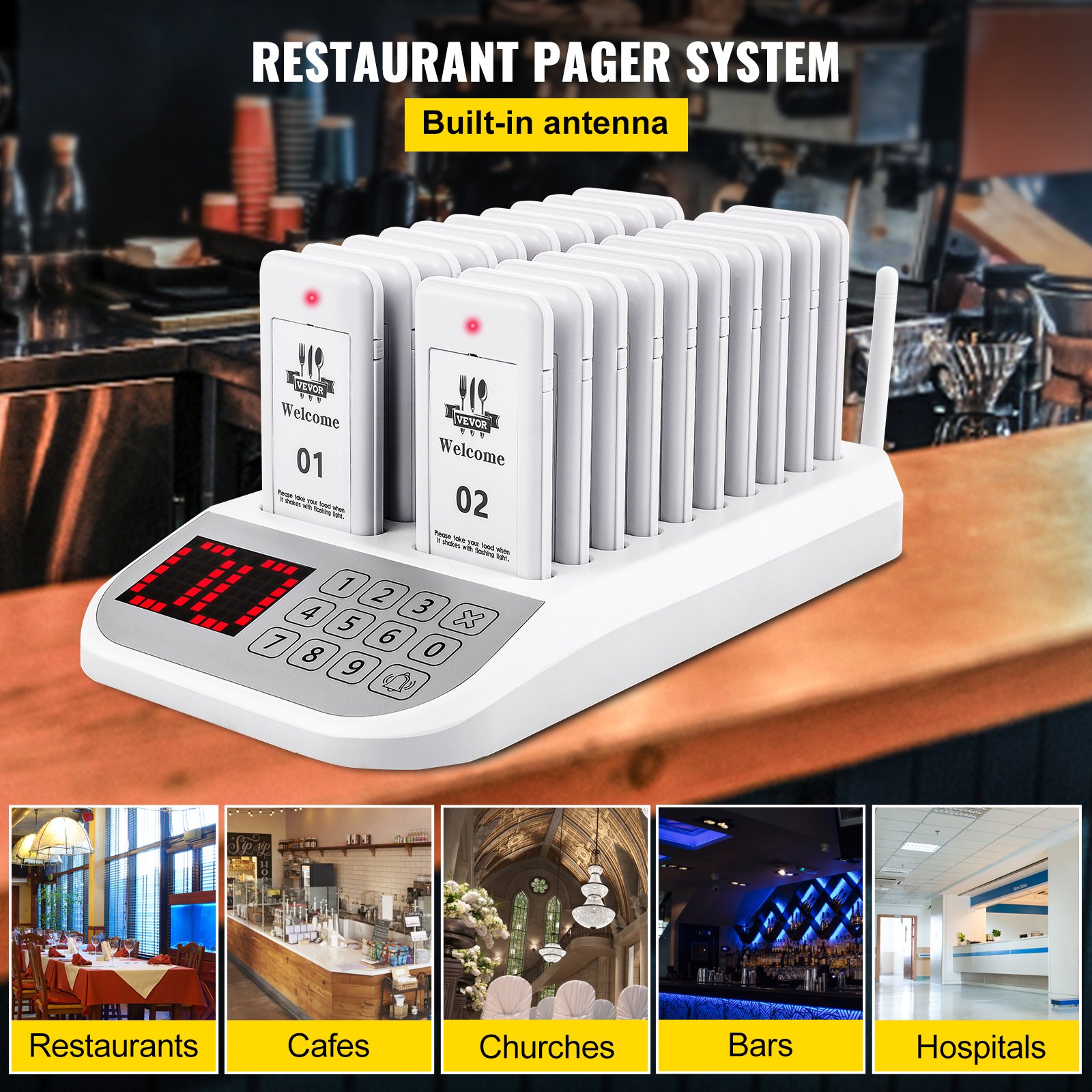 Sistema de buscapersonas para restaurantes VEVOR con antena incorporada para un uso eficiente en diversos lugares.