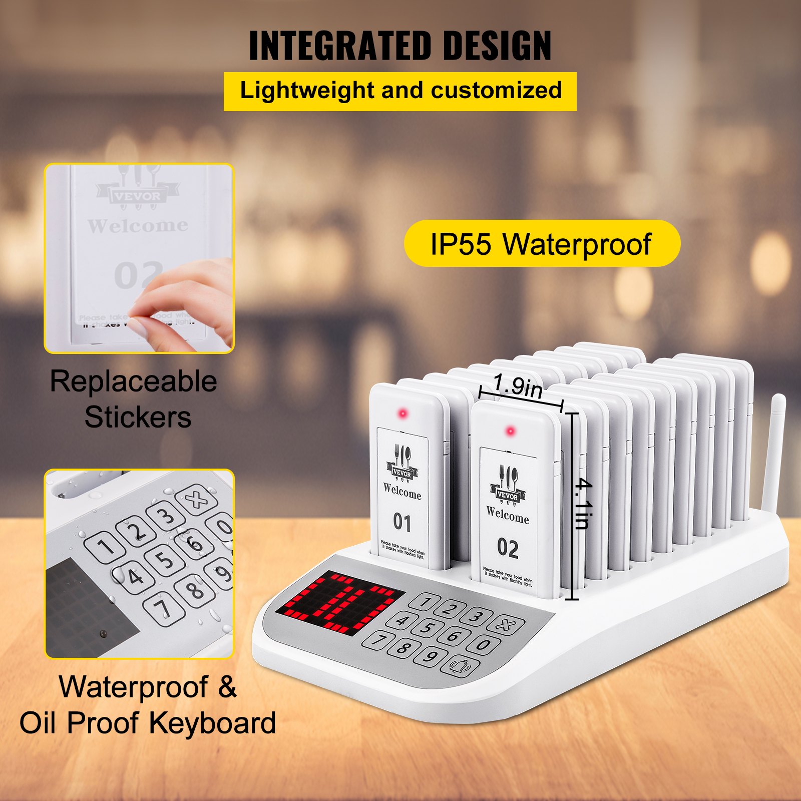 Sistema de buscapersonas para restaurantes VEVOR con pegatinas reemplazables y teclado resistente al agua.